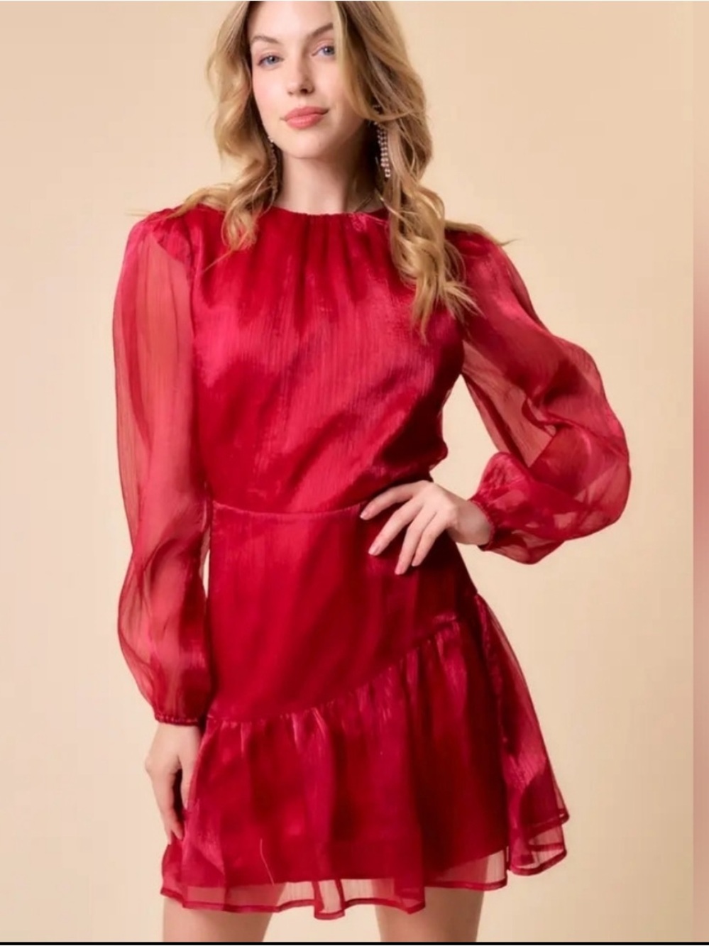 NWT Main Strip Vibrant Red Long Sheer Sleeve Ruffle Hem Dress Christmas Large
